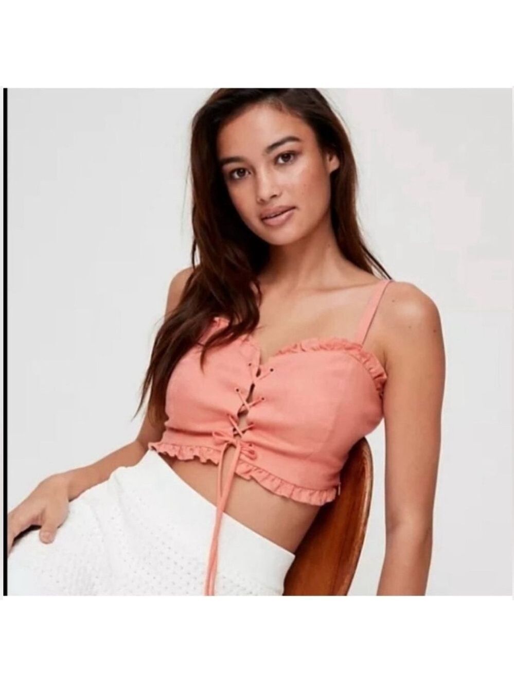 Wilfred Sariah 100% linen lace up Trendy Coral Crop bustier Top size 2